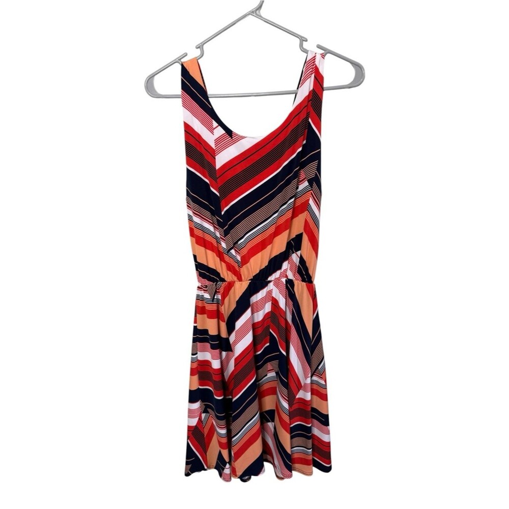 VERSE Geometric Chevron Striped Tank Dress Small Coral Navy Blue Made in USA Y2K